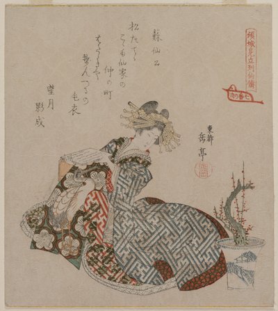 Kurtisane liest neben einem Topfpflaumenbaum, aus der Serie Sieben Kurtisanen verglichen mit daoistischen Unsterblichen von Gakutei Harunobu