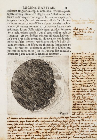 Sidereus Nuncius (Sternenbote) mit Zeichnungen der Phasen und der Oberfläche des Mondes von Galileo Galilei