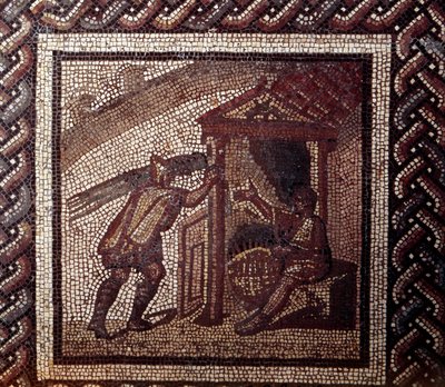 Gallorömische Kunst: Mosaikpflaster, das einen rustikalen Kalender darstellt. Korbflechterei und Flechten von Körben. Ende 2. Anfang 3. Jahrhundert nach Christus. Aus Saint-Romain-en-Gal (Rhône). Saint Germain en Laye, Nationalmuseum für Archäologie von Gallo Roman