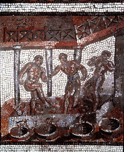 Szene des Traubenstampfens in einem Bottich. (Mosaik, Ende 2. Anfang 3. Jahrhundert) von Gallo Roman