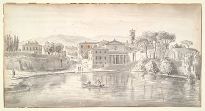 Kirche und Häuser an einem Fluss von Gaspar van Wittel