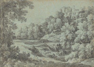Italienische Landschaft mit Befestigungen und einem Wasserfall von Gaspard Dughet