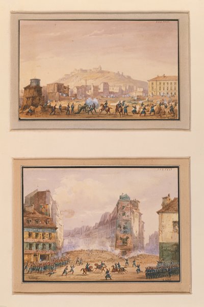 Angriff auf Clos Saint-Lazare im Juni 1848 und der Angriff auf die Barrikade am Eingang des Faubourg Saint-Antoine mit dem Tod von General Francois de Negrier, 25. Juni 1848 von Gaspard Gobaut