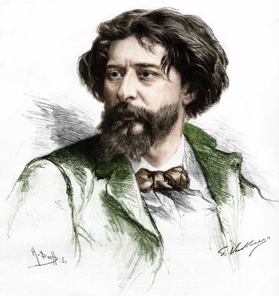 Porträt von Alphonse Daudet (1840-1897), französischer Schriftsteller. Gravur von A. Pochy nach Gaston Vuillier, sp. 19. Jahrhundert von Gaston (after) Vuillier