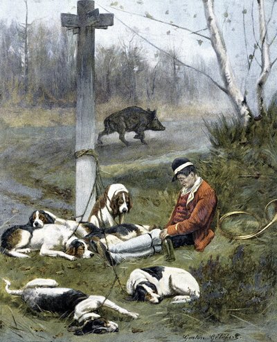 Der Jäger und seine schläfrigen Hunde (Gravur von Gaston Gelebert) von Gaston Gelibert