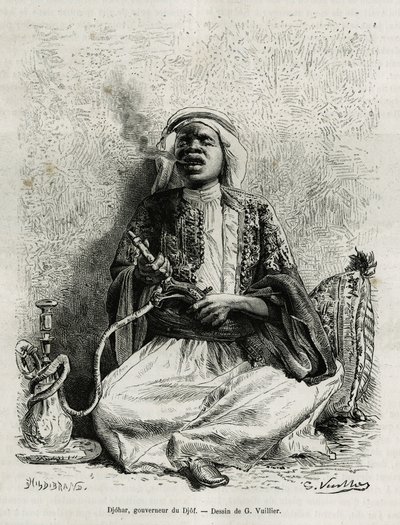 Porträt von Djohar, Gouverneur des Djof (Zusammenfassung von 7 oder 8 Dörfern, die in einem Abstand von 10 Minuten voneinander gebaut sind, in einer Linie), raucht Nargile. Gravur von G. Vuillier, um die Geschichte "Pilgerfahrt nach Nedjed, Wiege der arabi von Gaston Vuillier
