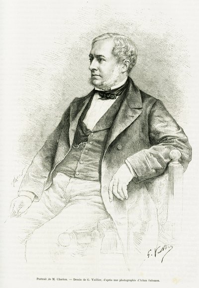 Porträt von Edouard Charton. Gravur von G.Vuillier nach einem Foto von Adam Salomon zur Illustration des Artikels M. Charton von Paul Laffite von Gaston Vuillier