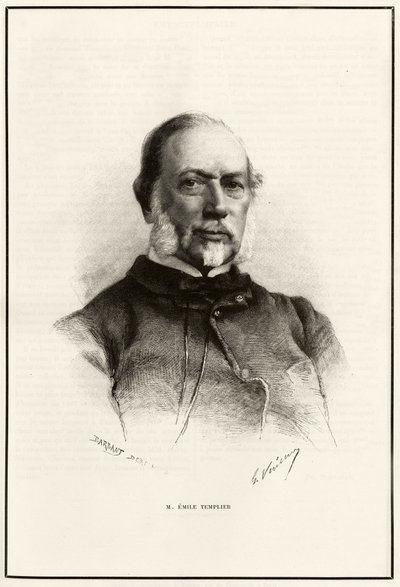 Porträt von Emile Templier (1821-1891), Mitarbeiter von Louis Hachette (1800-1864), verantwortlich für die Herstellung des „Tour du monde“. Gravur von G. Vuillier, zur Illustration der Geschichte „Von Paris nach Tonkin, durch das unbekannte Tibet“ von Gabr von Gaston Vuillier
