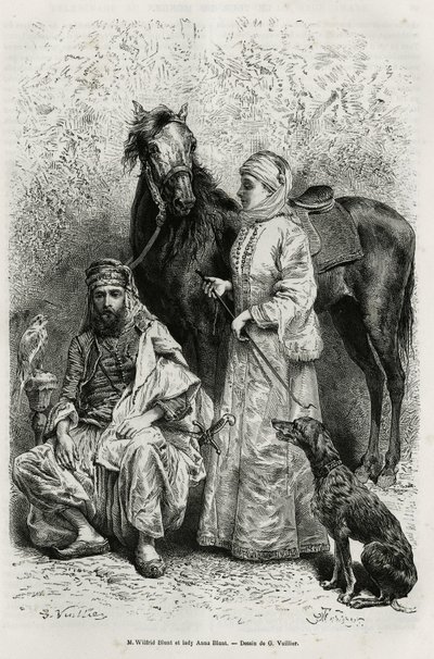 Porträts von Mr. Wilfrid Blunt (1840-1922), Dichter und Schriftsteller, und seiner Frau, Lady Anna Blunt (geb. King Noel) (1837-1917), die erste europäische Frau, die den Nahen Osten erkundete, in Reisekleidung, vor einem der arabischen Pferde in ihren Stä von Gaston Vuillier