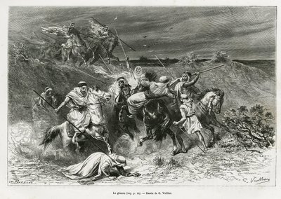 Der Ghazou oder Razzia, Plünderung mit der Hand. Gravur von G. Vuillier, um die Geschichte „Pilgerfahrt nach Nedjed, Wiege der arabischen Rasse“ zu illustrieren, von Lady Anna Blunt, in 1878-1879, veröffentlicht in Le tour du monde, unter der Leitung von E von Gaston Vuillier