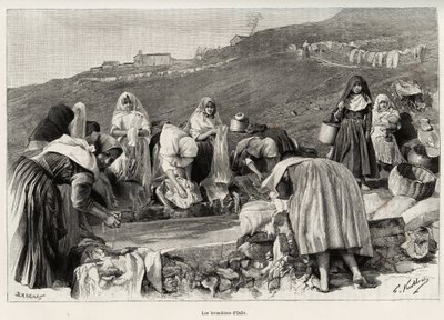 Der Lavendel von Osilo (Italien), Frauen versammelten sich um das Becken. Gravur und Geschichte „La Sardaigne“ von Gaston Vuillier (1845-1915), in 1890, in Le tour du monde, nouveau journal des voyages, unter der Leitung von Edouard Charton (1807-1890), 2. von Gaston Vuillier
