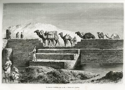 Das Reservoir von Abdallah (Saudi-Arabien). Gravur von G. Vuillier, zur Illustration der Geschichte „Pilgerfahrt nach Nedjed, Wiege der arabischen Rasse“, von Lady Anna Blunt, 1878-1879, veröffentlicht in Le tour du monde, unter der Leitung von Edouard Cha von Gaston Vuillier