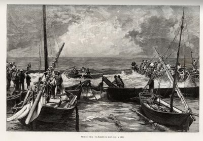 Thunfischfang (Mattanza): die Todeskammer, Thunfische, die in einem engen Raum zusammengedrängt sind, werden von den Harpunen der Fischer getroffen. Gravur und Geschichte „La Sardaigne“ von Gaston Vuillier (1845-1915), 1890, in Le tour du monde, nouveau jo von Gaston Vuillier