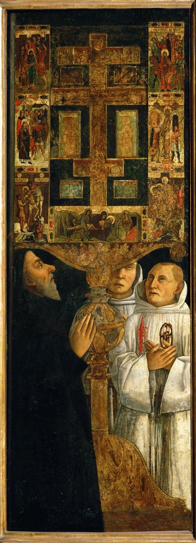 Kardinal Bessarion mit zwei Vätern der Scuola della Carità an der Tür des ehemaligen Tabernakels von Gentile Bellini