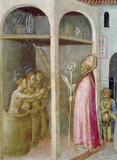 St. Nikolaus erweckt die drei Kinder, die in Pökelfässer geworfen wurden, (Detail) von Gentile da Fabriano