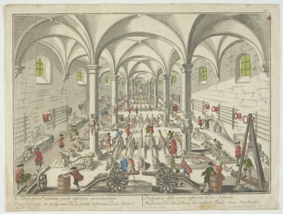 Per telecopium exhibitio partis inferioris armamentarii, Darstellung in Perspektive des unteren Teils eines Arsenals, um 1750 von Georg Balthasar Probst