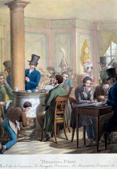Ansicht des Café du Commerce in Paris: Bürger reden und spielen Domino. Lithographie von George Emanuel Opitz (1775-1841) 19. Jahrhundert. Paris, Musée Carnavalet von Georg Emanuel Opitz