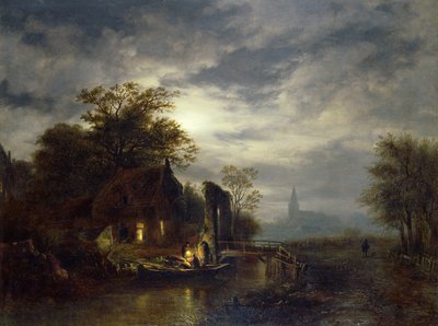 Mondscheinflusslandschaft mit Figuren, die ein Boot entladen von Georg Gillis van Haanen