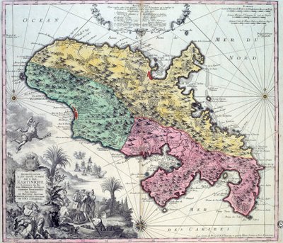 Detaillierte Karte der Insel Martinique in den Westindischen Inseln. Gravur von Matthew Seutter (1678-1757) 18. Jahrhundert von Georg Matthäus Seutter