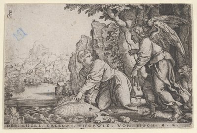 Tobiolus fängt den Fisch, aus der Geschichte von Tobias von Georg Pencz