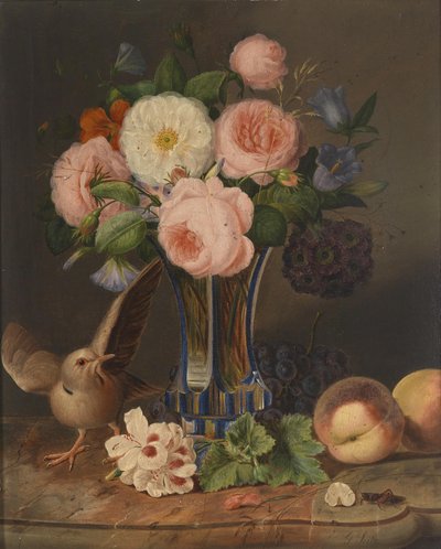 Ein Blumenstillleben mit einem Vogel und einer Heuschrecke von Georg Seitz