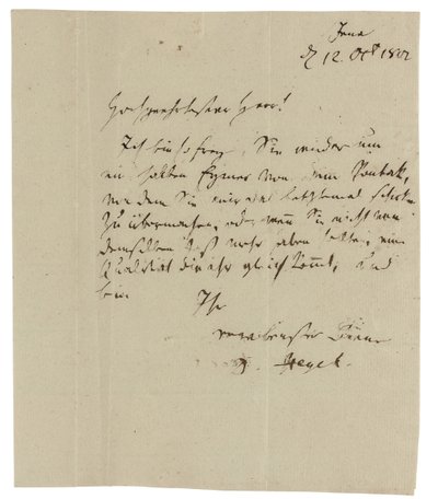 Autographenbrief an Gebrüder Ramann (Weinhändler in Erfurt), Jena von Georg Wilhelm Friedrich Hegel
