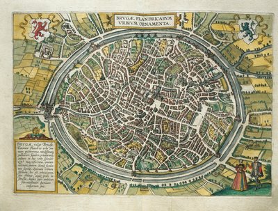 Karte von Brügge, Belgien, aus Civitates Orbis Terrarum von Georg Braun und Franz Hogenberg, Köln, Kupferstich von Georg Braun and Hogenberg Franz