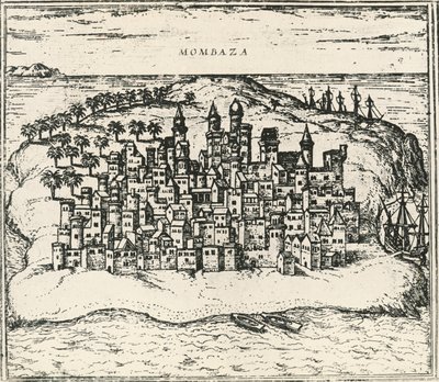 Stadt Mombasa in Kenia, Gravur aus Civitates Orbis Terrarum von Georg Braun and Hogenberg Franz