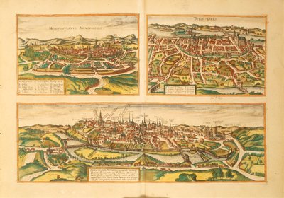Karte von Montpellier, Tours und Poitiers aus Civitates Orbis Terrarum von Georg Braun and Hogenberg Franz