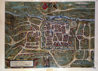 Karte der deutschen Stadt Weimar. Gravur aus dem Atlas von „Braun und Hogenberg“ 1572 von Georg Braun and Hogenberg Franz