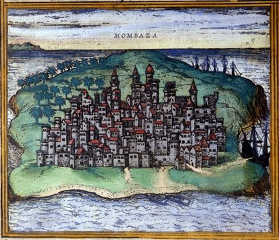 Ansicht von Mombasa, Kenia im 16. Jahrhundert, als die Stadt von den Portugiesen besetzt war, nach dem Atlas „Civitates Orbis Terrarum“ von Braun und Hogenberg von Georg Braun and Hogenberg Franz