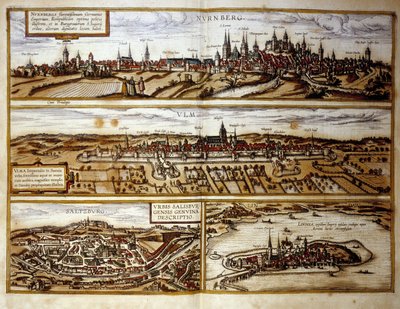 Ansicht der deutschen Städte Nürnberg und Ulm, Salzburg, Österreich. Gravur aus dem Atlas von „Braun und Hogenberg“ 1572 von Georg Braun and Hogenberg Franz