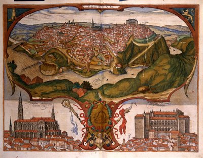 Ansicht der Stadt Toledo im 16. Jahrhundert. Gravur von George Braun in „Civitatis Orbis Terrarum“ Band I, geschrieben von Franz Hogenberg von Georg Braun and Hogenberg Franz