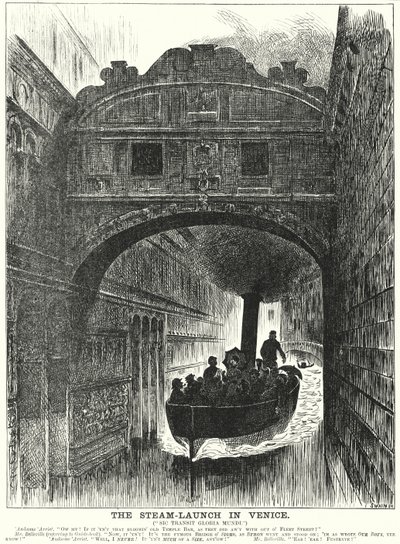 Punch-Karikatur: Die Dampfbarkasse in Venedig (Gravur) von George (after) Du Maurier