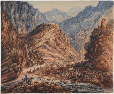 Fort von Ali Musjeed, Khyber Pass Lager der 4. Brigade von Generalmajor Pollocks Truppe, April 1842 von George Alfred Croly