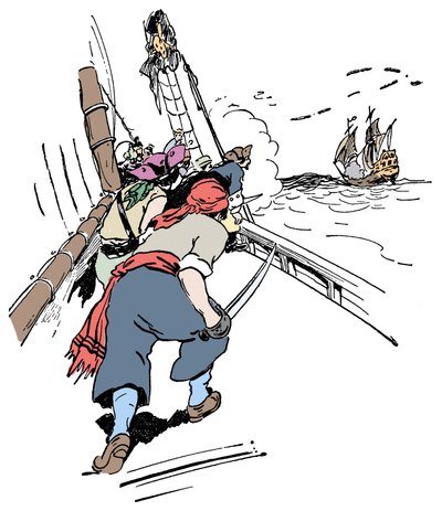 Ein Piratenschiff verfolgt ein Schiff Illustration aus „Das Buch der Jungen über Piraten und die großen Seeräuber“ von George Albert Williams (1875-1932) 1900 von George Alfred Williams