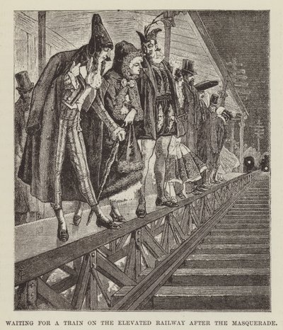 Warten auf einen Zug auf der Hochbahn nach dem Maskenball von George Augustus Sala