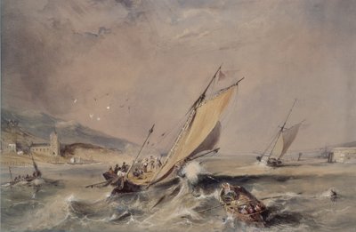 Küstenszene: Boote am Hafeneingang von George Balmer
