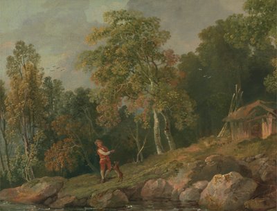 Bewaldete Landschaft mit einem Jungen und seinem Hund von George Barret