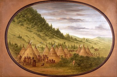 Ein Ojibwe-Dorf mit Zelten aus Tierhäuten von George Catlin