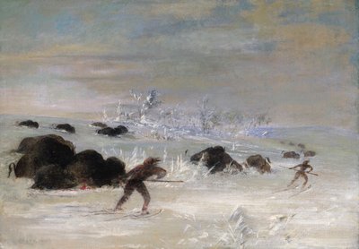 Assiniboine-Indianer verfolgen Büffel auf Schneeschuhen von George Catlin