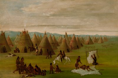 Comanche-Dorf, Frauen kleiden Roben und trocknen Fleisch von George Catlin