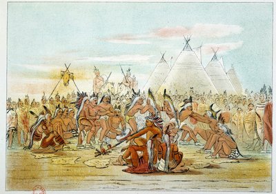 Assiniboin-Stamm, der den Pfeifentanz tanzt. Illustration von George Catlin von George Catlin