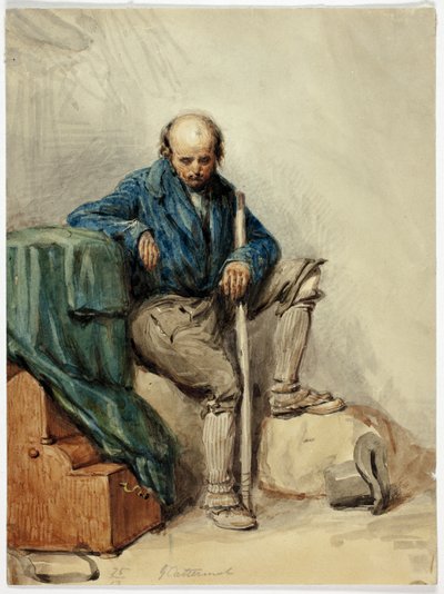 Kahlköpfiger Mann auf Habseligkeiten sitzend (recto); Dame in einem gelben Kleid (verso) von George Cattermole
