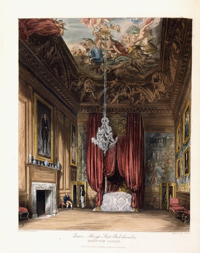 Queen Marys Staatsbettkammer, Hampton Court, 1819 von George Cattermole