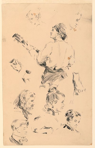Skizzen von Köpfen, einer Hand, einem Fuß und einem Musiker von George Charles Aid