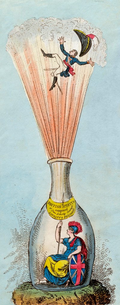 Britannia sprengt den korsischen Flaschenzauberer - 1803 - Britische Satiriker griffen ständig die Legitimität des napoleonischen Regimes an - von George Cruikshank. von George Cruikshank