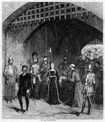 Feckenham bietet Lady Jane Grey auf ihrem Weg zum Prozess eine Begnadigung an, 1553-1840 von George Cruikshank