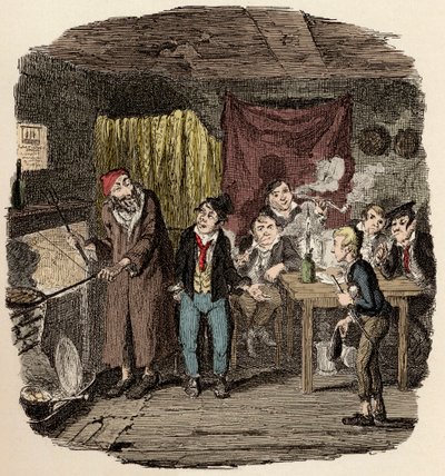 In London stellt Jack Dawkins, genannt der Fuchs, Oliver Fagin und seinem Team von Gaunern vor - Illustration für „Oliver Twist“ von Charles Dickens (1812-1870) von George Cruikshank