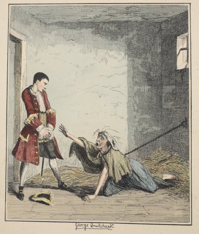 Jack Sheppard besucht seine Mutter in Bedlam, Illustration aus Jack Sheppard: Eine Romanze von William Harrison Ainsworth, veröffentlicht 1839 (handkolorierte Radierung) von George Cruikshank